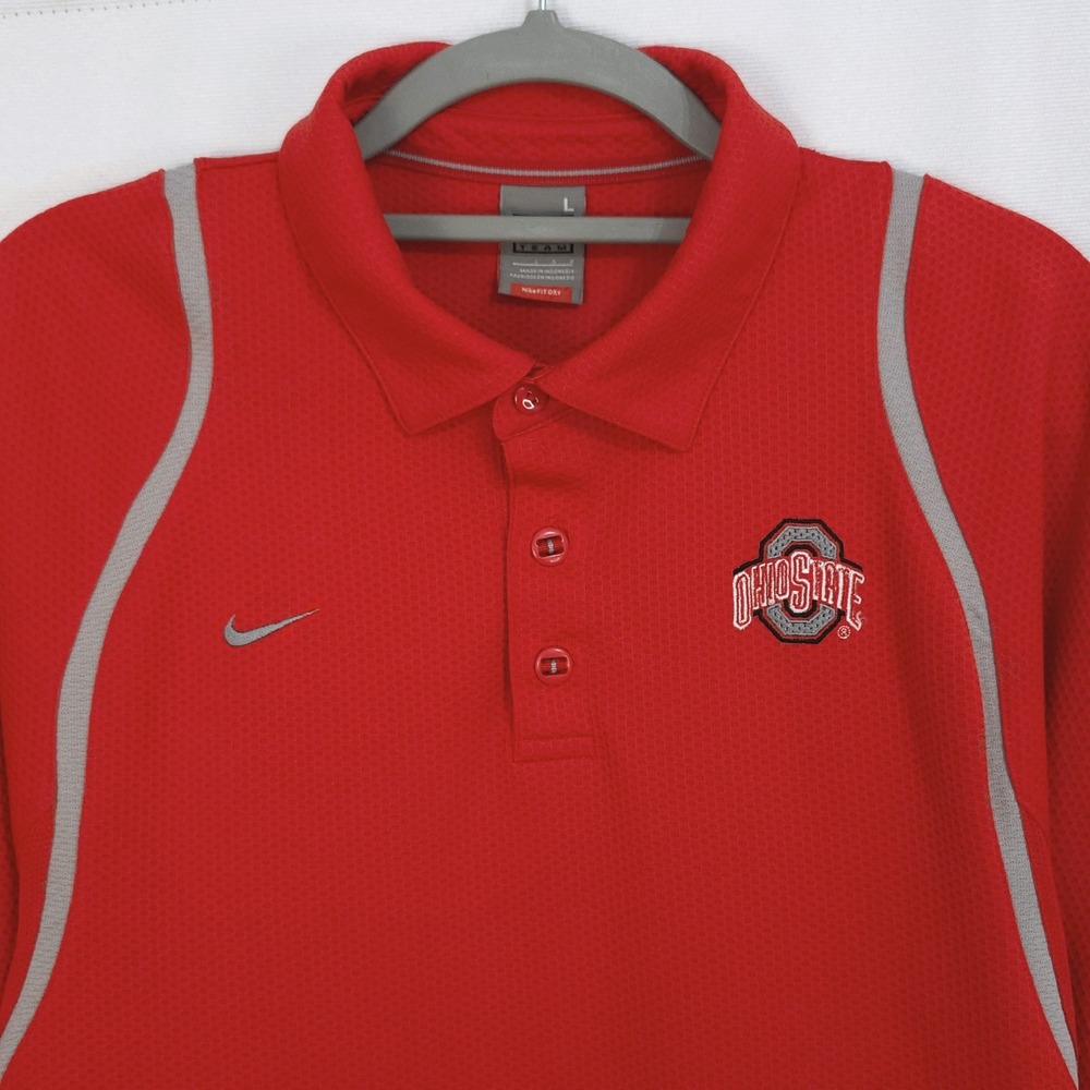 Vintage Nike Team Ohio State Buckeyes Polo Shirt Mens Large Red Gray OSU Fit Dry